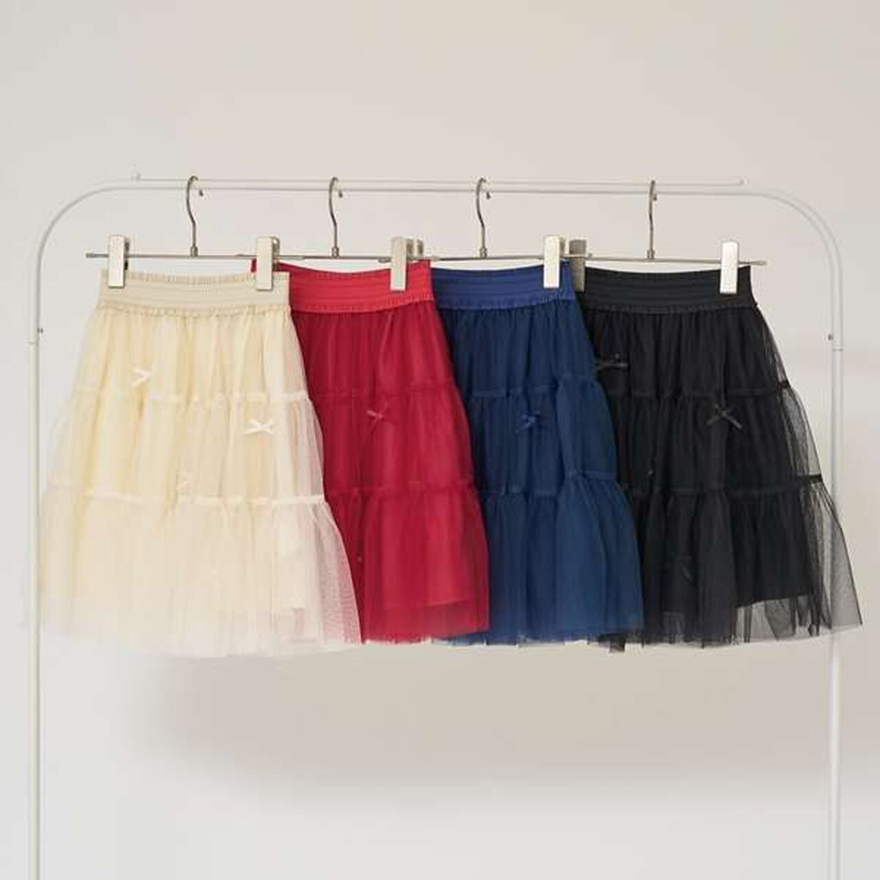 Tiered Tulle Skirt with Ribbon,Black, large image number 1