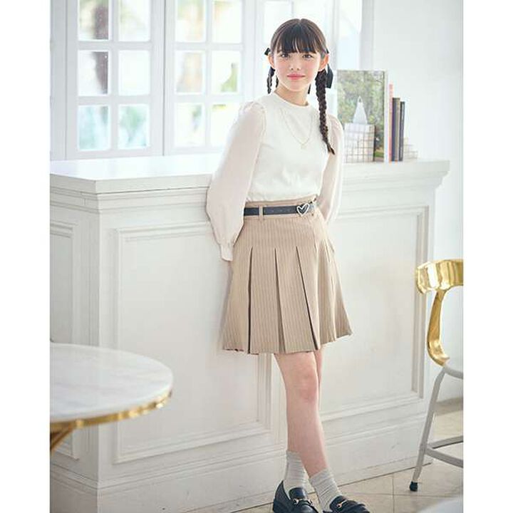 Pleated Skirt with Heart Buckle Belt (with Spats),Beige, medium image number 0