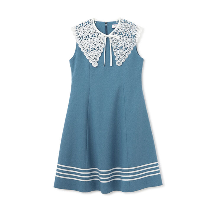 Lace-Collared Marine One-Piece Dress,Blue, medium image number 6