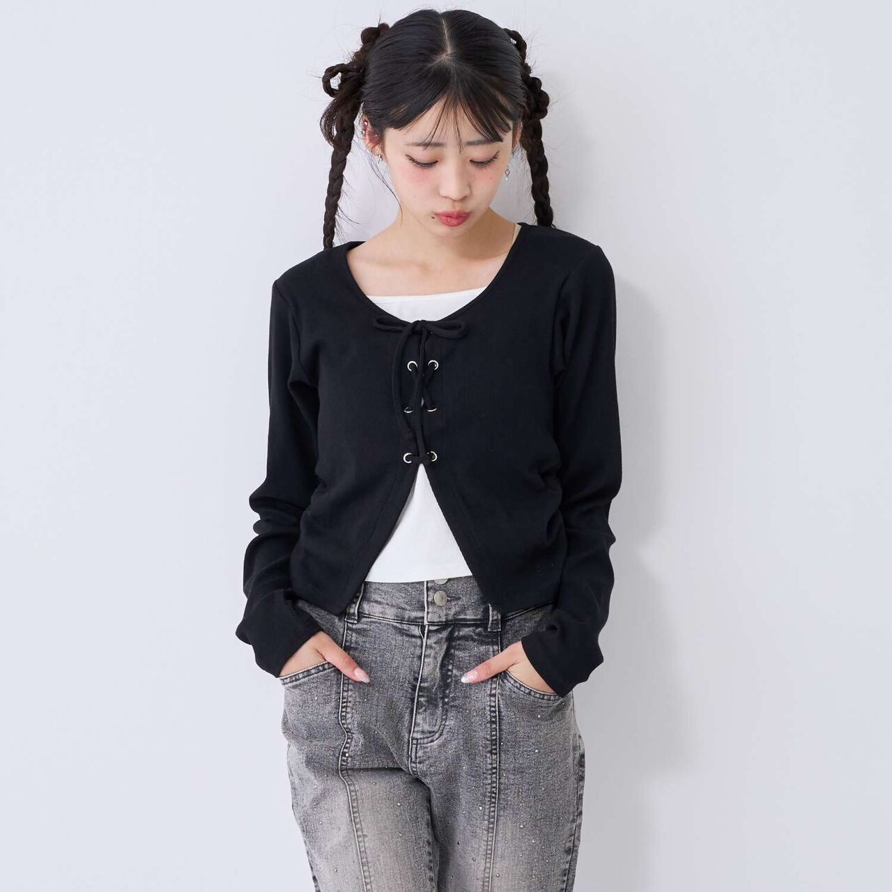 [Antibacterial Deodorizing] Lace-Up Ribbed Long-Sleeve T-Shirt,Green, large image number 5