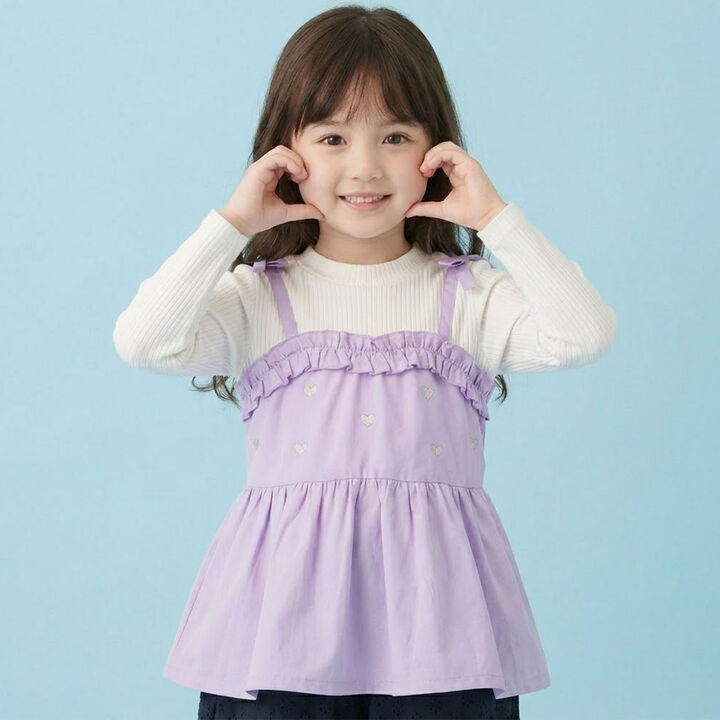 Heart Embroidered Frill Bustier Docking T-Shirt,Lavender, medium image number 0