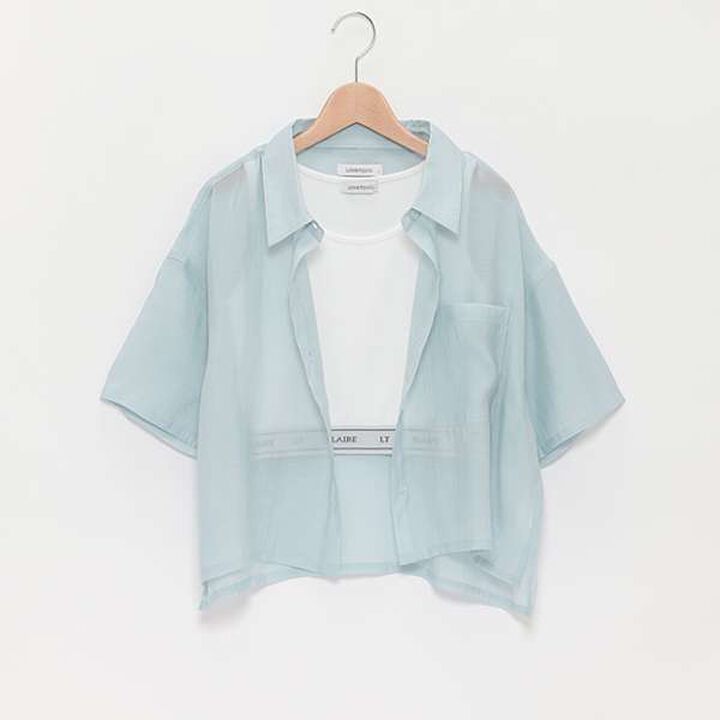 Short-Sleeve Sheer Shirt with Inner Lining,Off white, medium image number 7