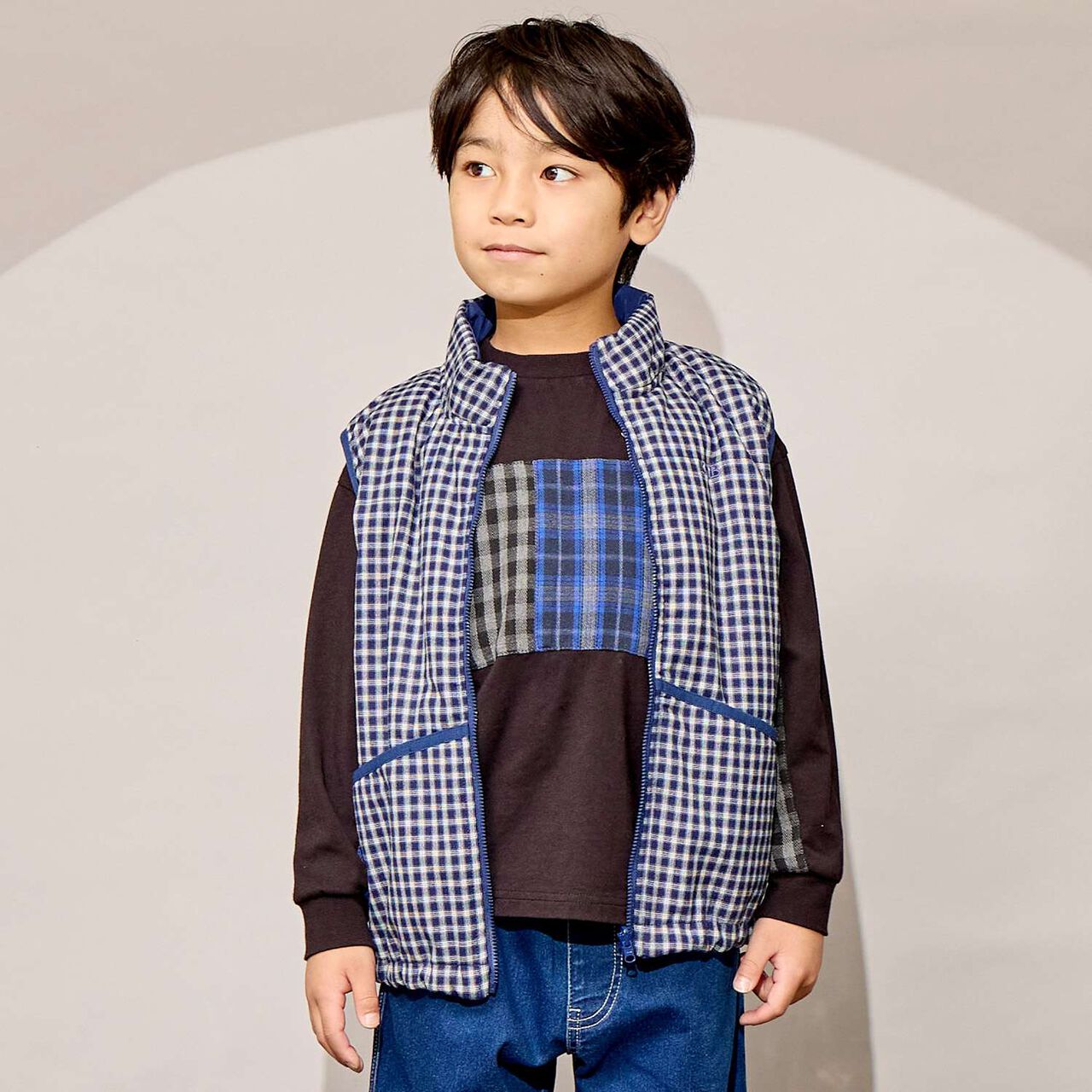 [Reversible] Taffeta &times; Check Vest,Navy, large image number 0