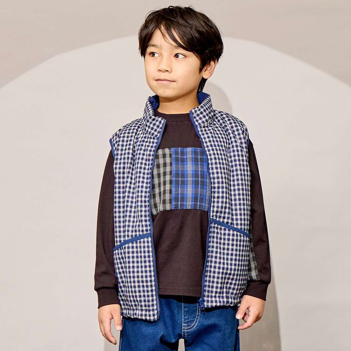 [Reversible] Taffeta &times; Check Vest,Navy, medium image number 0