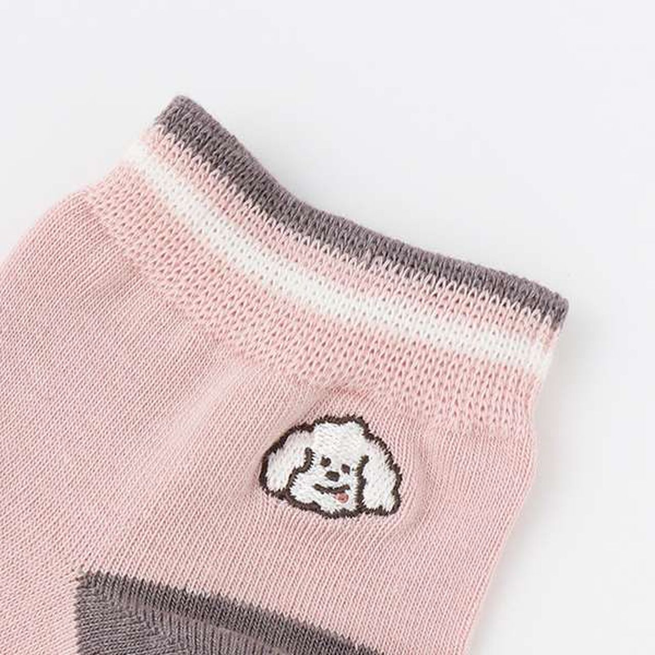 Dog Embroidery Striped Short Socks,Ivory, large image number 1