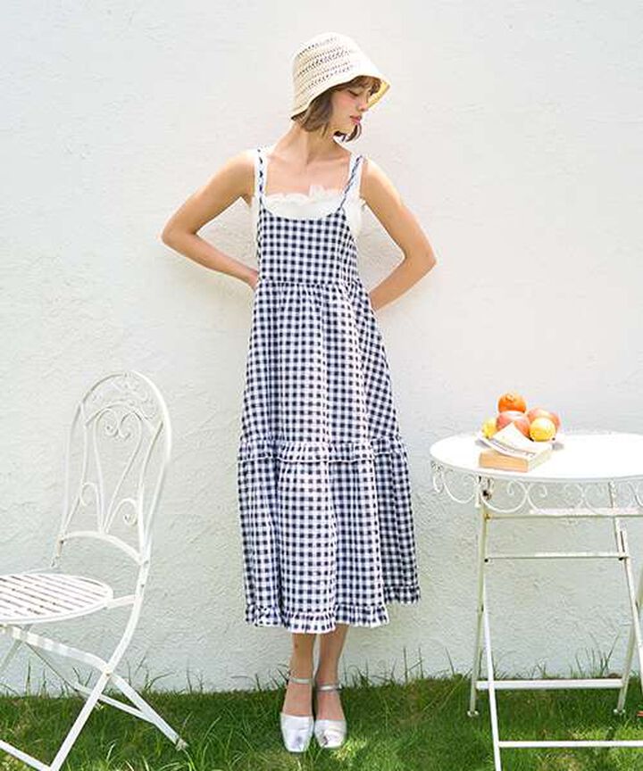 Gingham Check Camisole One-Piece Dress [Korean Fashion],Black, medium image number 0