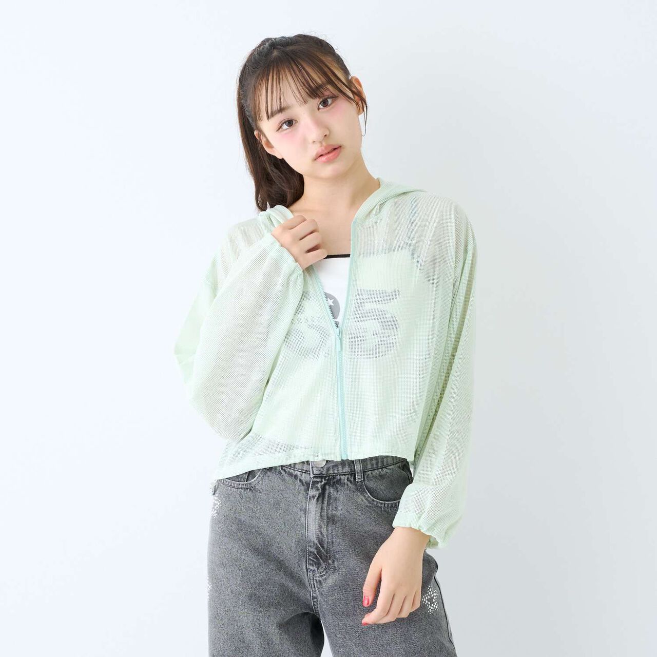 [LTXC/Antibacterial Deodorizing] Mesh Hoodie with Camisole,Black, large image number 4