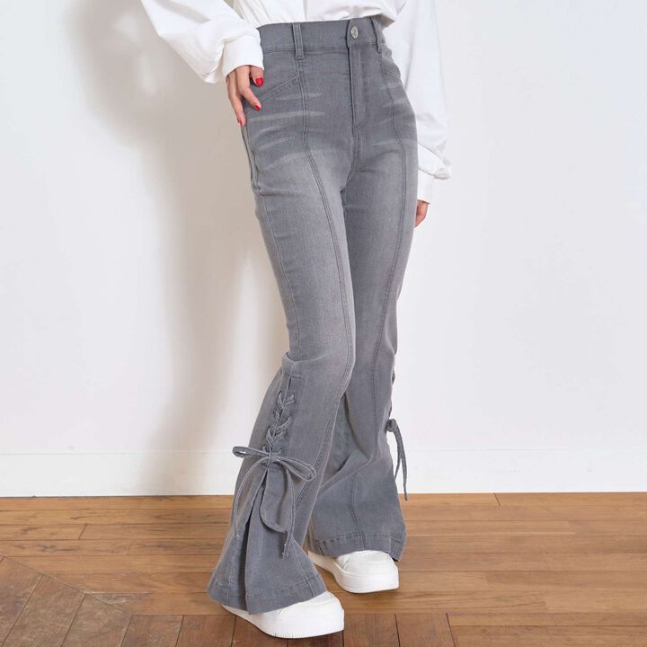 Lace-Up Ribbon Flare Denim Pants,Gray, medium image number 4