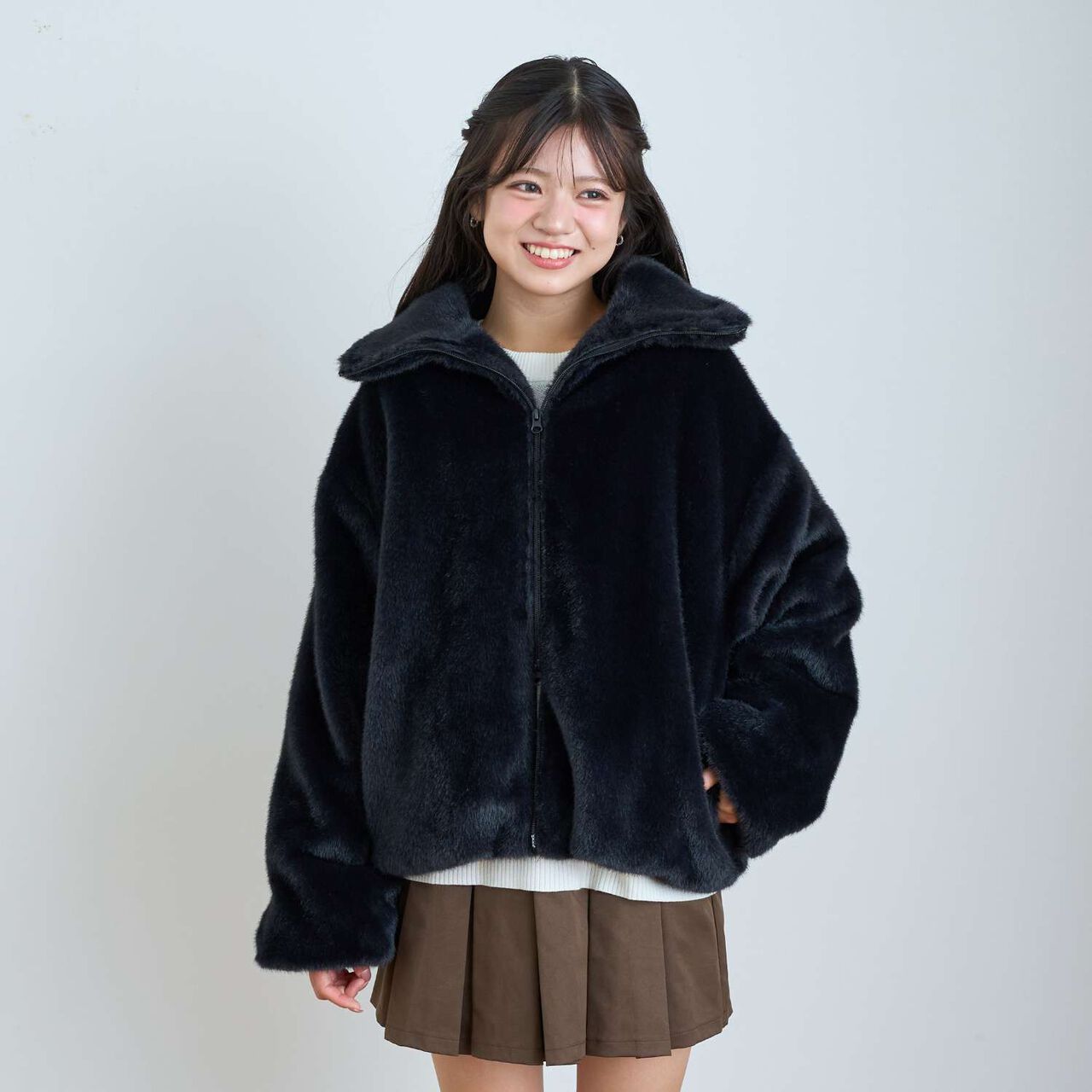 Double Zipper Faux Fur Bomber Jacket,Off white, large image number 8