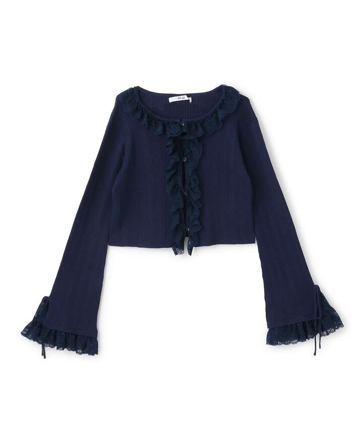 Frill Lace Knit Cardigan,Navy, medium image number 4
