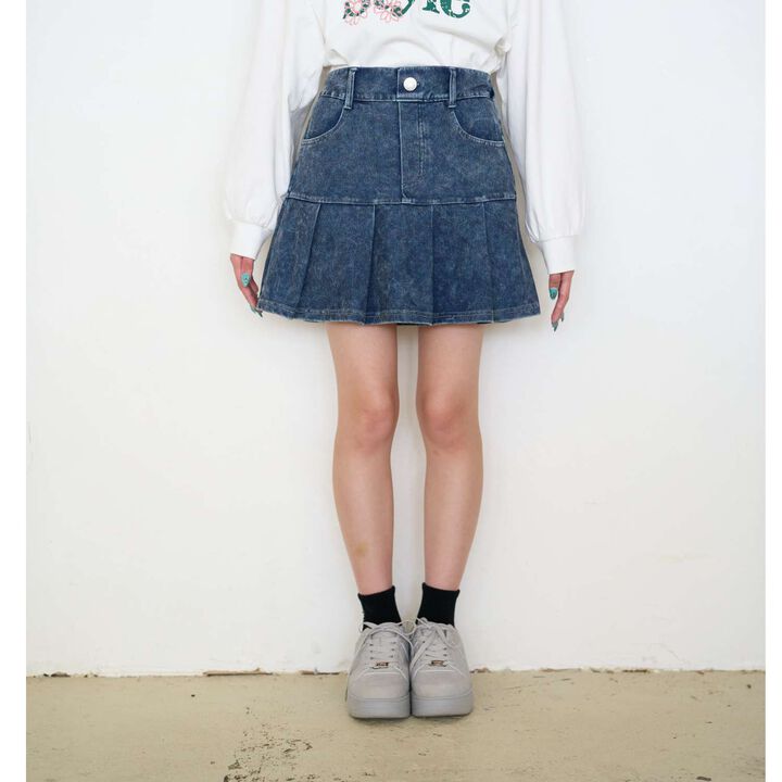 [Stretch] Denim-Look Cut Pleated Skirt,Blue, medium image number 13
