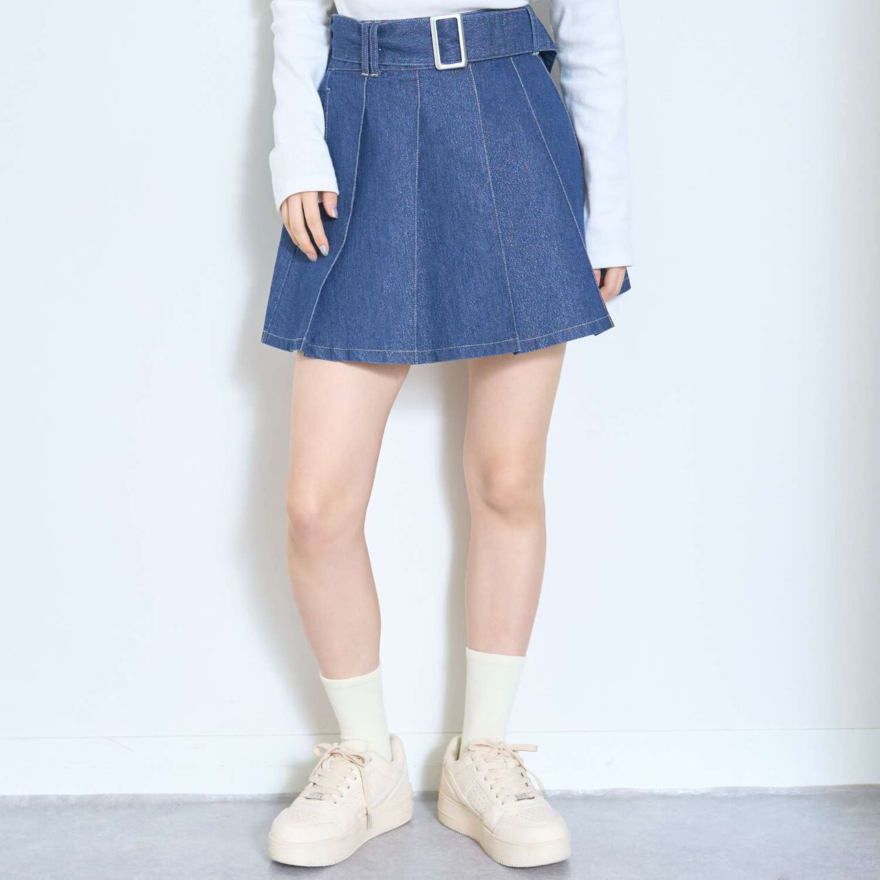 [LTXC] Denim Pleated Skirt with Belt,Navy, large image number 4