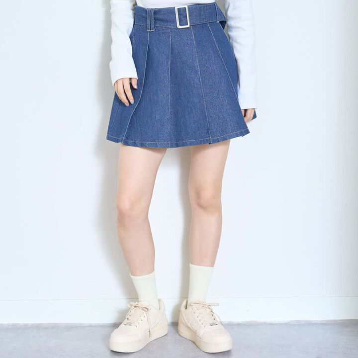 [LTXC] Denim Pleated Skirt with Belt,Navy, medium image number 4