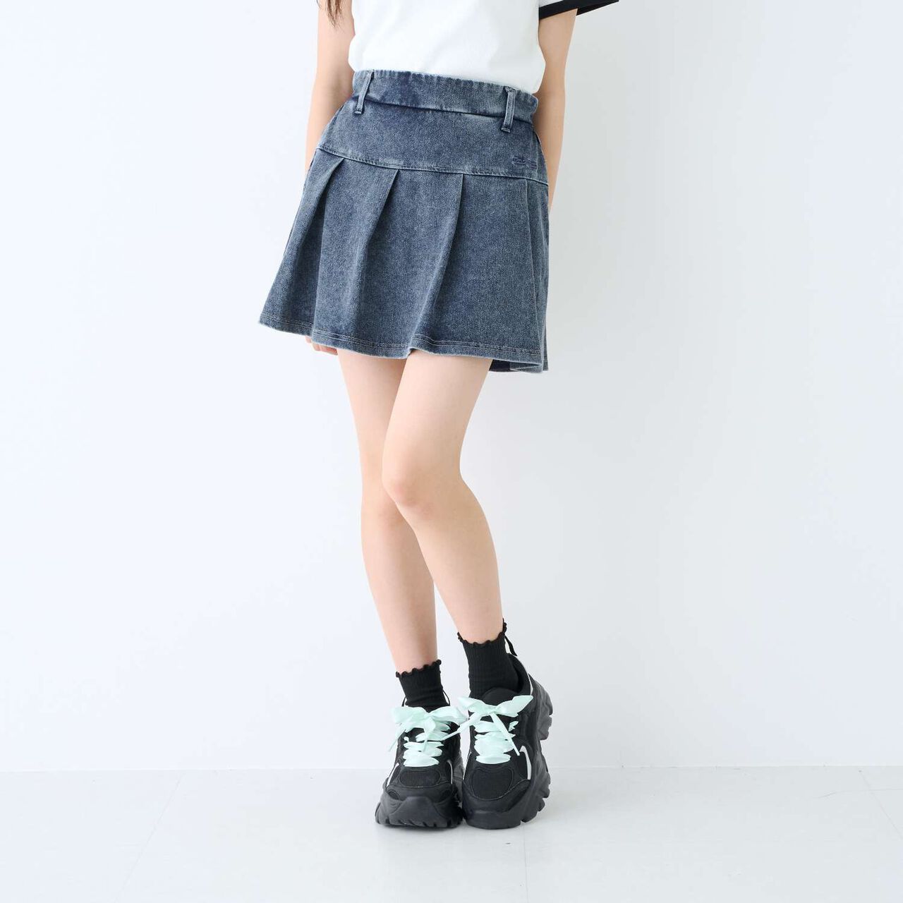 [With Belt Loops] Denim-Look Pleated Skirt,Blue, large image number 3
