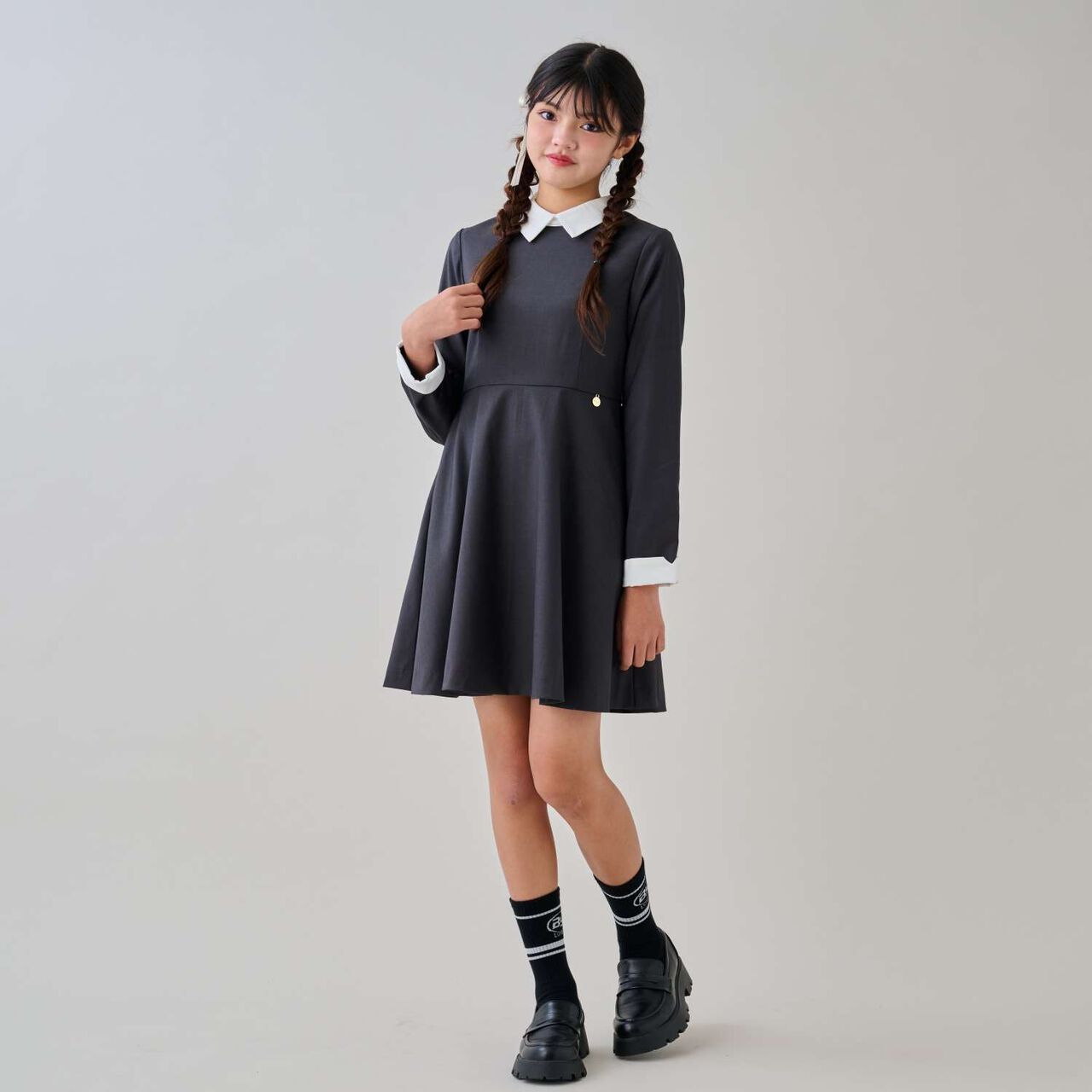 [Graduation Attire] Collared One-Piece Dress,Charcoal gray, large image number 0