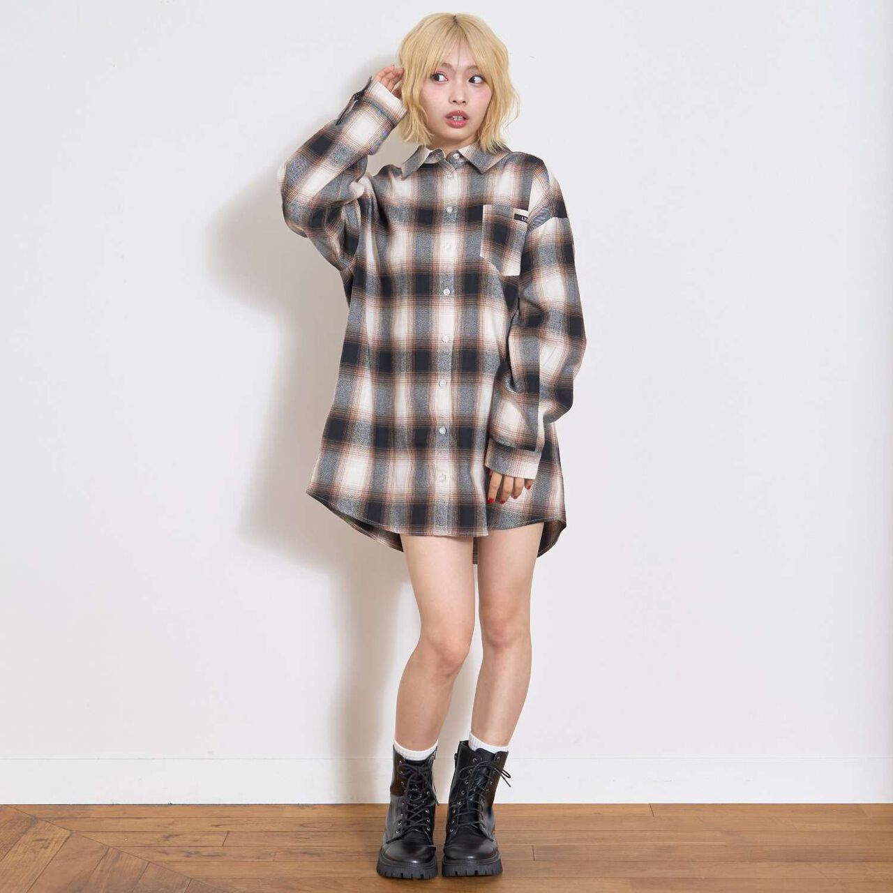 [LTXC] 100% Cotton Checkered Loose Shirt Dress,Black, large image number 1