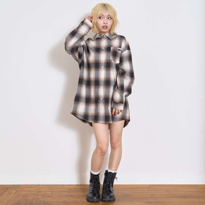 [LTXC] 100% Cotton Checkered Loose Shirt Dress,Black, medium image number 1