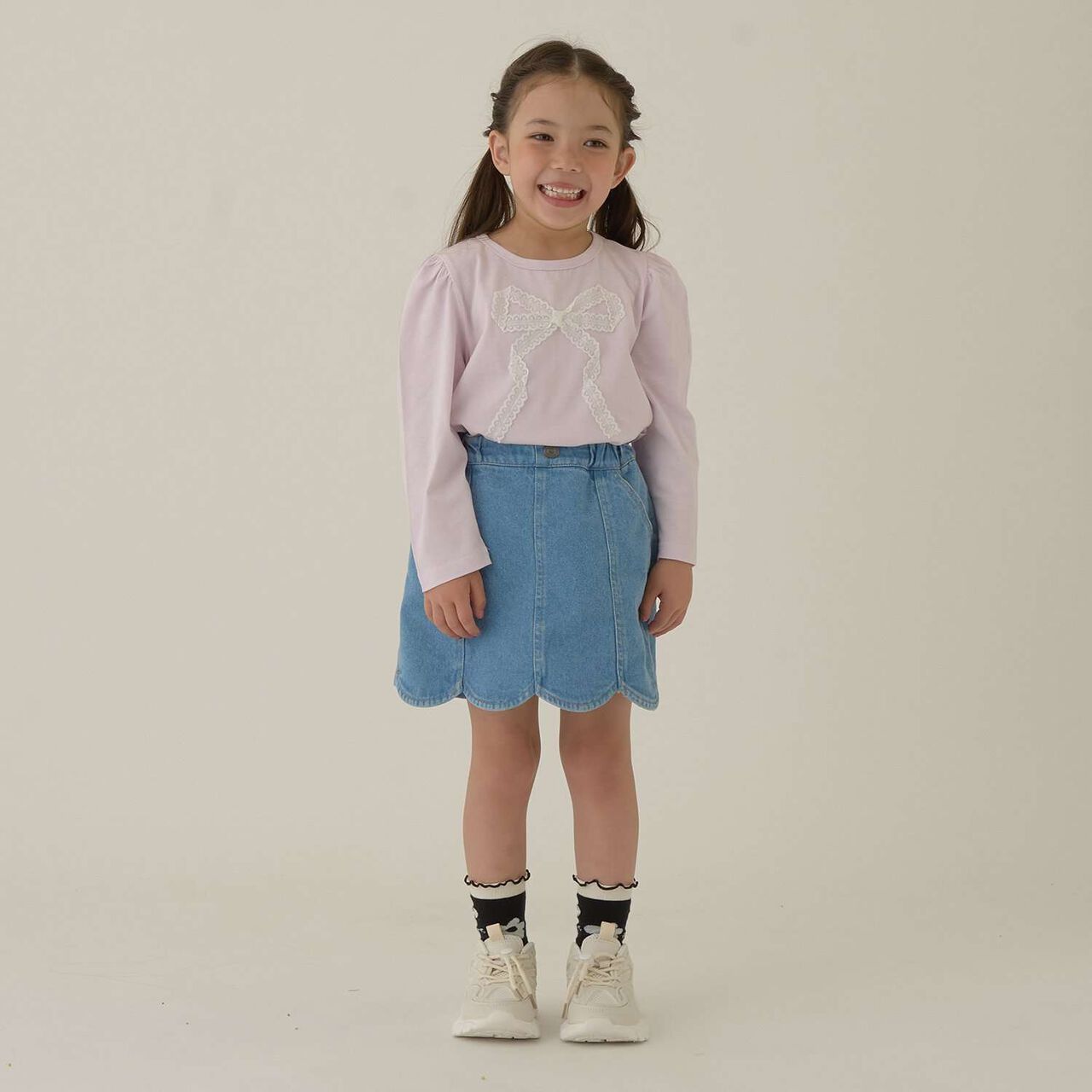 Stretch Denim Scallop Trim Skirt with Shorts,Sax blue, large image number 30