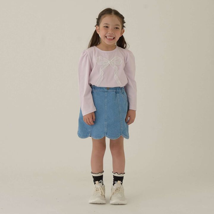 Stretch Denim Scallop Trim Skirt with Shorts,Sax blue, medium image number 30