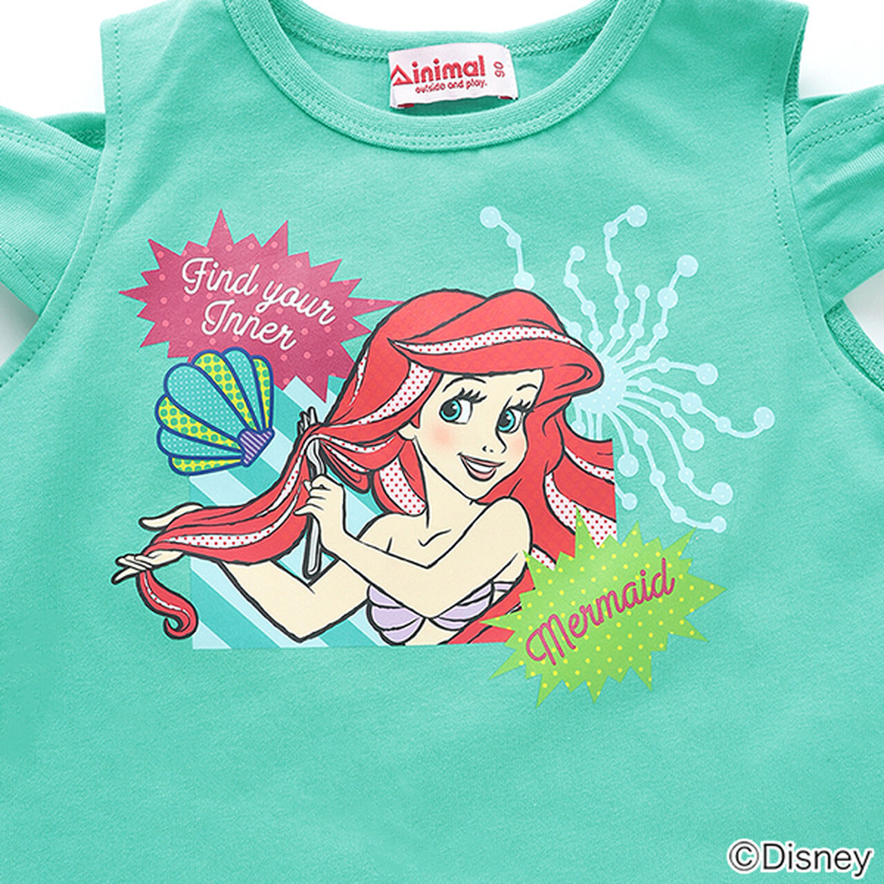 [Stain-resistant and Water-repellent] Disney Princess Off-Shoulder T-Shirt with Ribbon Sleeves,Green, large image number 4