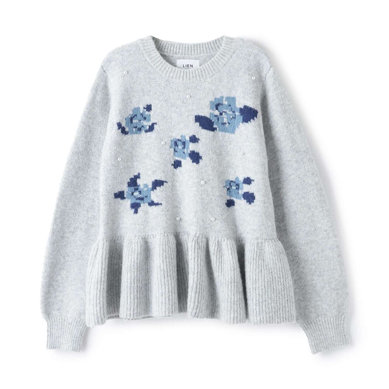 Fluffy and Soft Floral Pearl Knitwear,Top gray, large image number 0