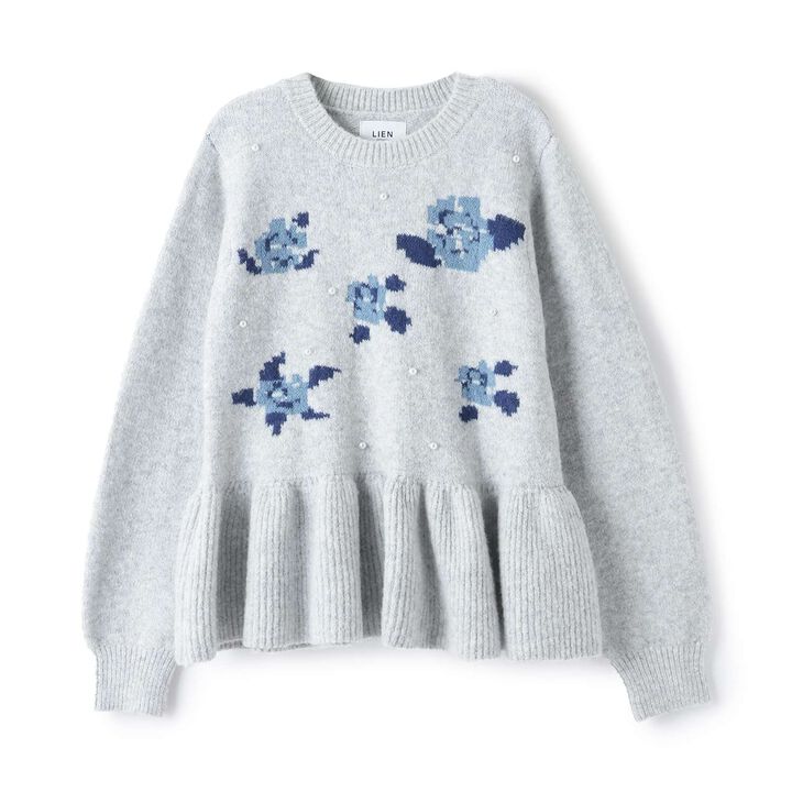 Fluffy and Soft Floral Pearl Knitwear,Top gray, medium image number 0