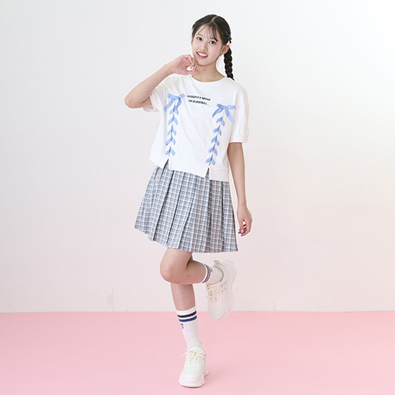 Checkered Box Pleated Skirt-Pants & Tulle Skirt Set,Black, large image number 2