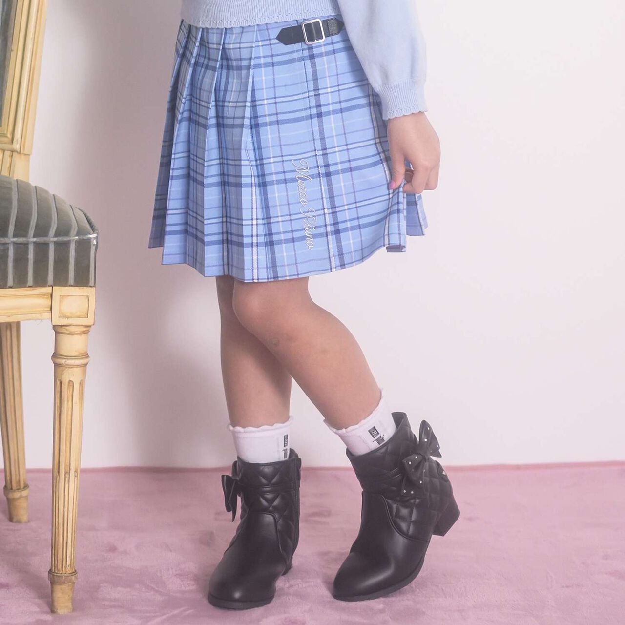 Checkered Pleated Skirt-Pants,Blue, large image number 0