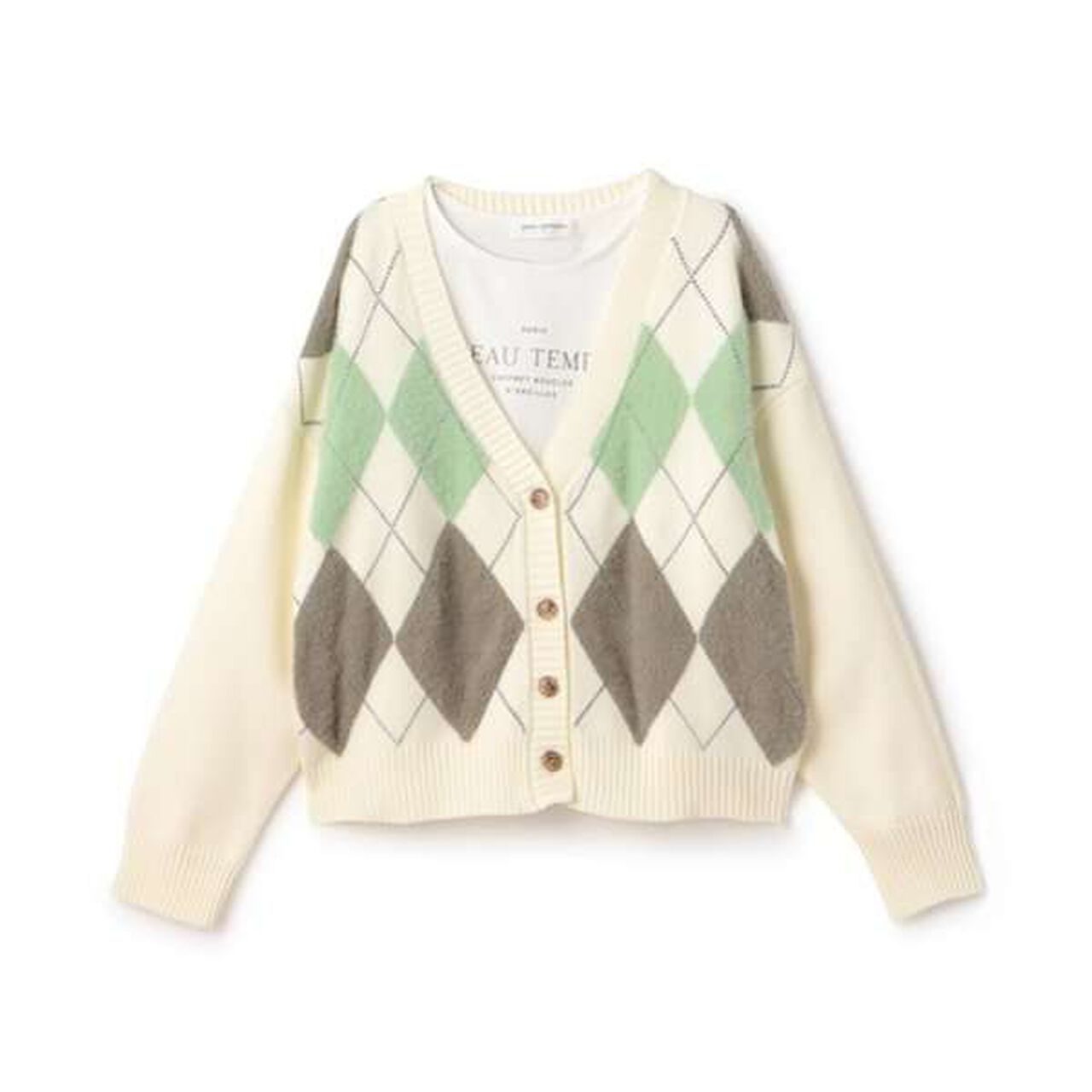 Argyle Shaggy Cardigan T-Shirt Set,Gray, large image number 1