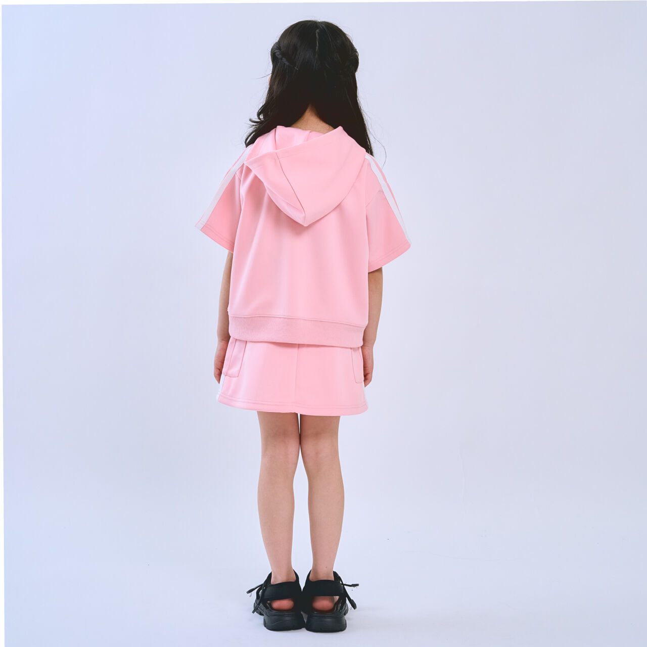 [Cool Touch] Striped Short-Sleeve Hoodie Outfit Set,Red, large image number 2