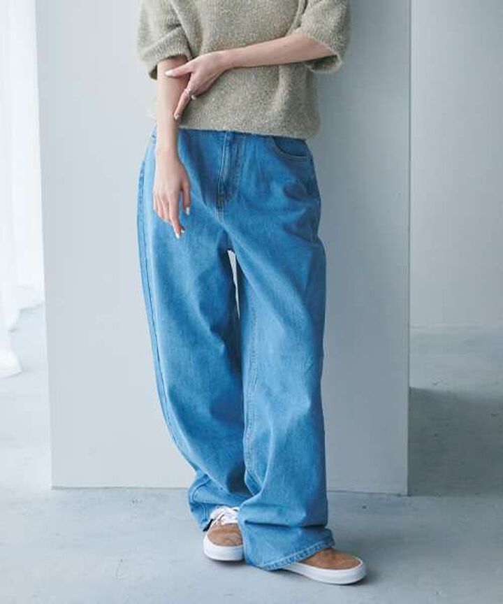 Denim Wide Tapered Pants,Sax blue, medium image number 0