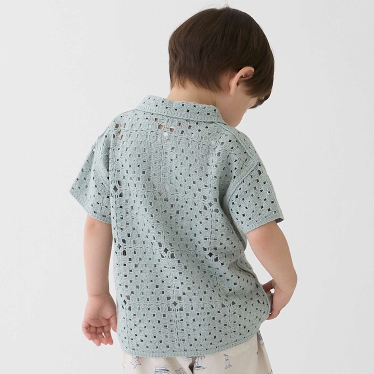 Black Crochet Open-Collar Shirt,Pearl white, large image number 3