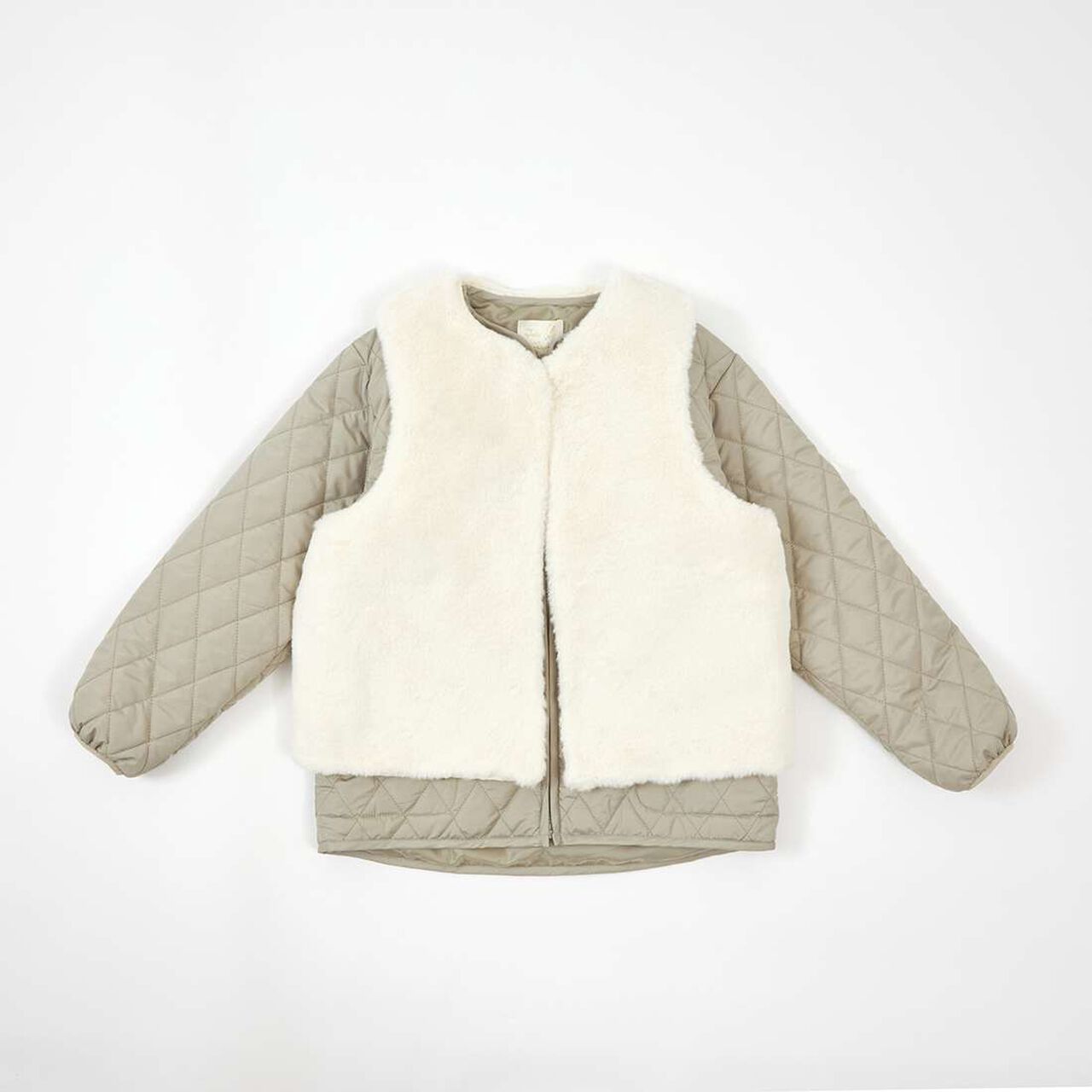 Trois Lapins Quilted Jacket & Fur Vest Set (140-160),Khaki, large image number 4