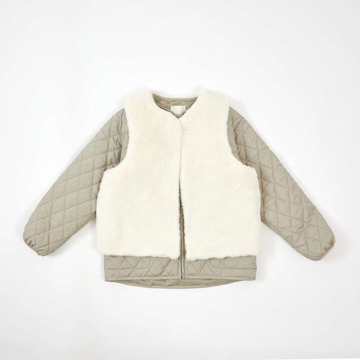 Trois Lapins Quilted Jacket & Fur Vest Set (140-160),Khaki, medium image number 4