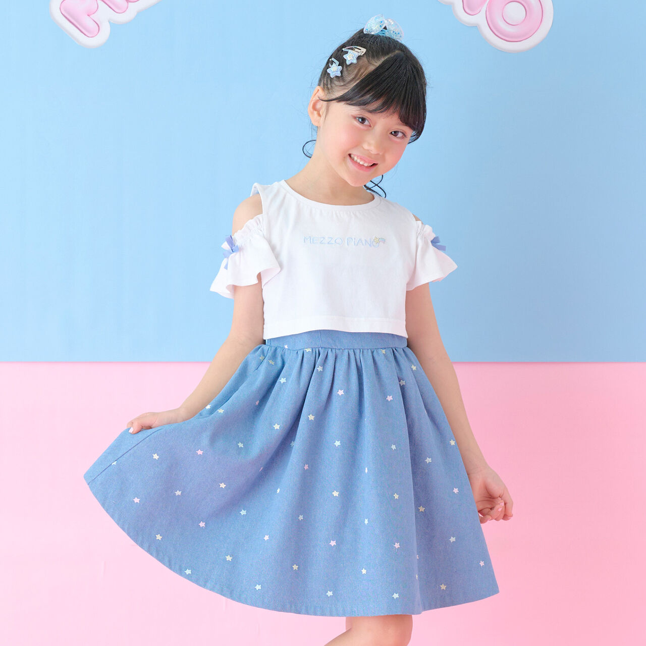 Shoulder Opening Short Sleeve T-Shirt & Star Camisole Dress Set,Sax blue, large image number 21