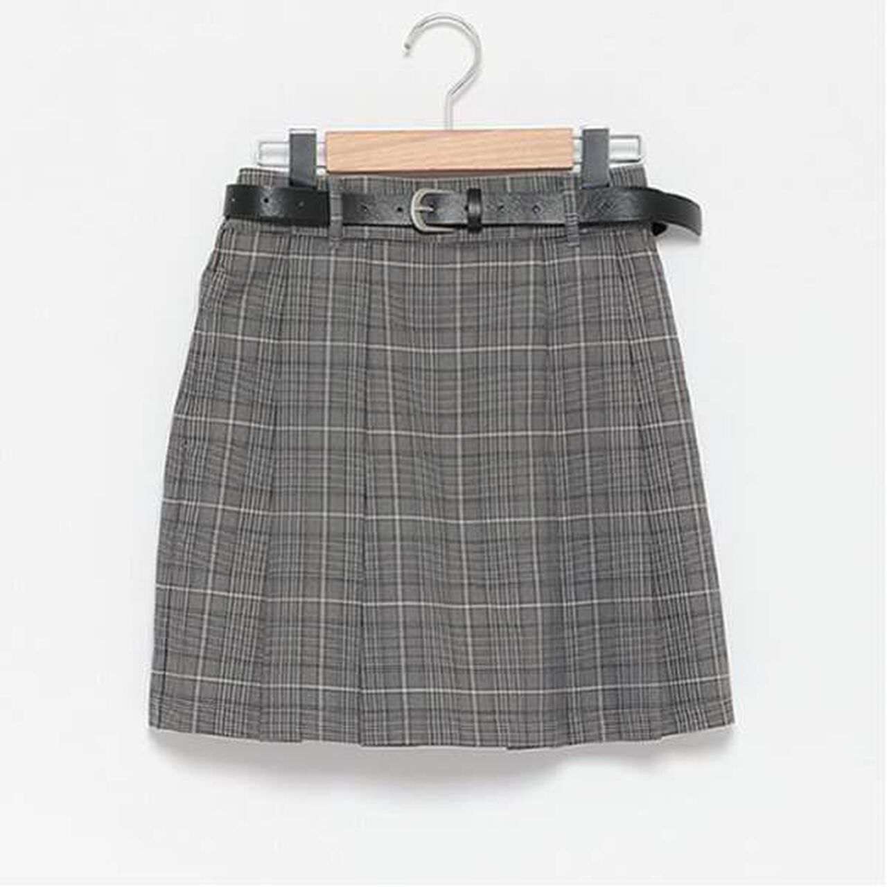 Belted Check Pleated Skirt-Pants,Brown, large image number 7