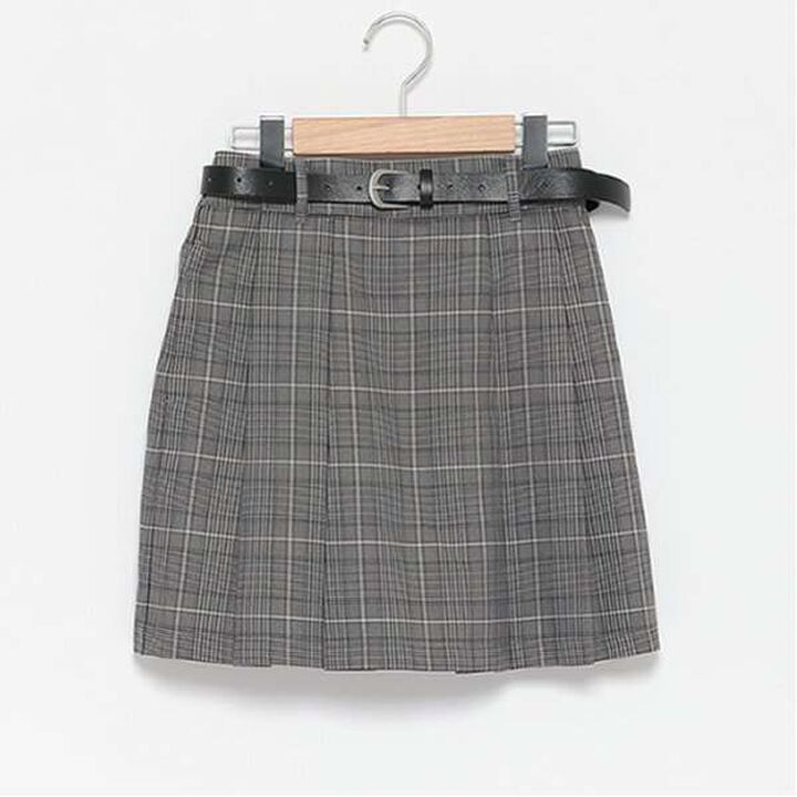 Belted Check Pleated Skirt-Pants,Brown, medium image number 7