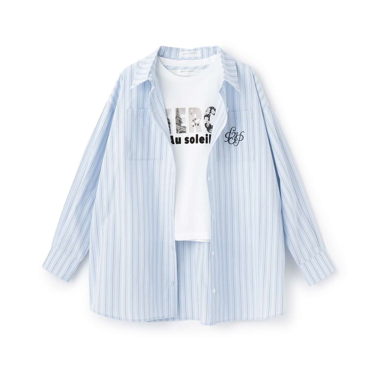 [130cm Available] Long-Sleeve Shirt & Photo Logo T-Shirt Set,Sax blue, large image number 16