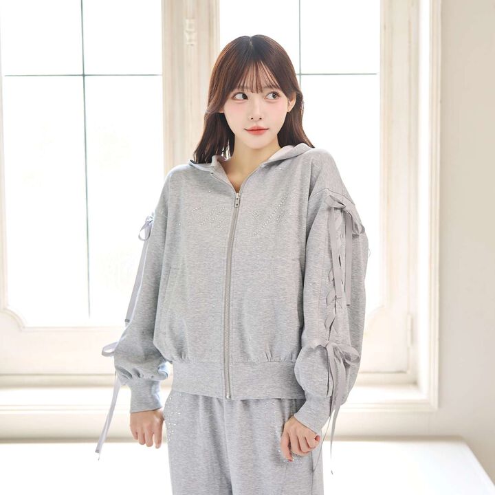 Lace-Up Stone Wash Loose Hoodie,Black, medium image number 1