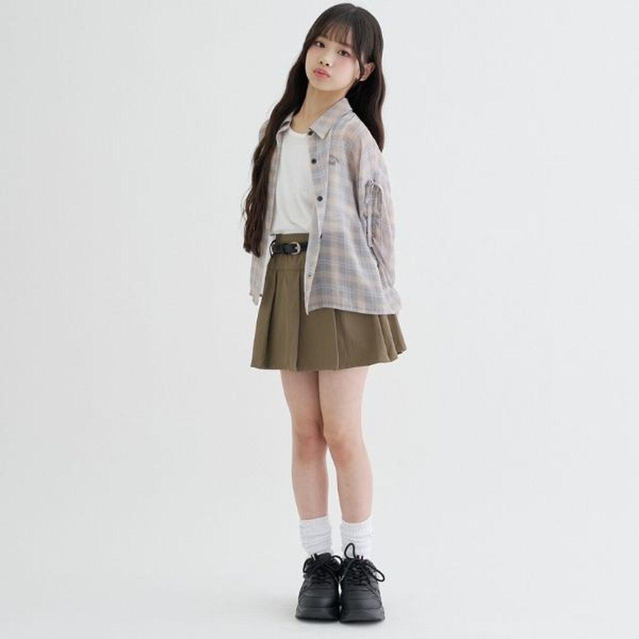 格紋透薄袖抽繩襯衫＋背心組合,米色, large image number 4