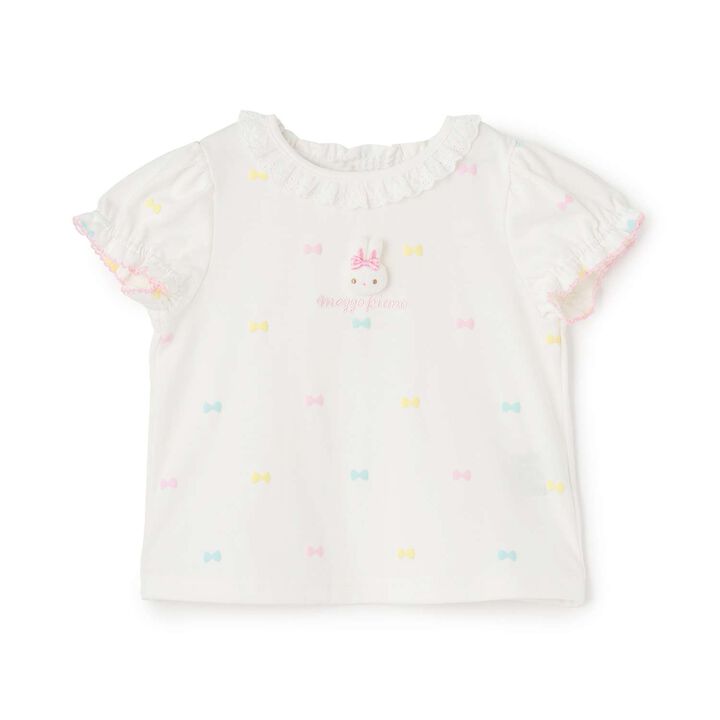 Short Sleeve T-Shirt with Rabbit Mascot and Ribbon Pattern,Off white, medium image number 0