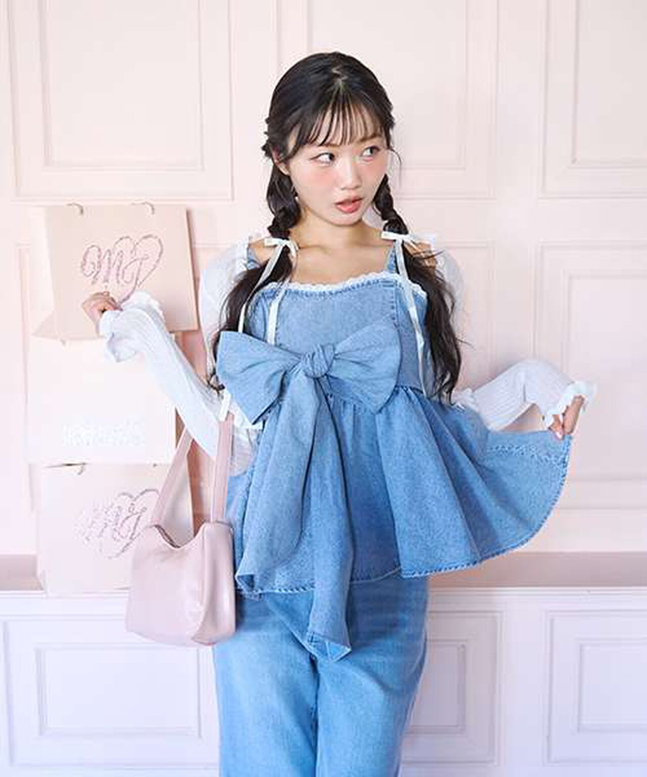 Denim Ribbon Bustier,Deep blue, large image number 1