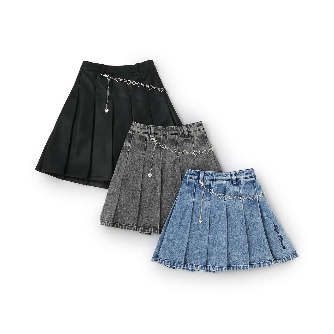 Denim & Faux Leather Skirt with Decorative Chain,Navy, large image number 12