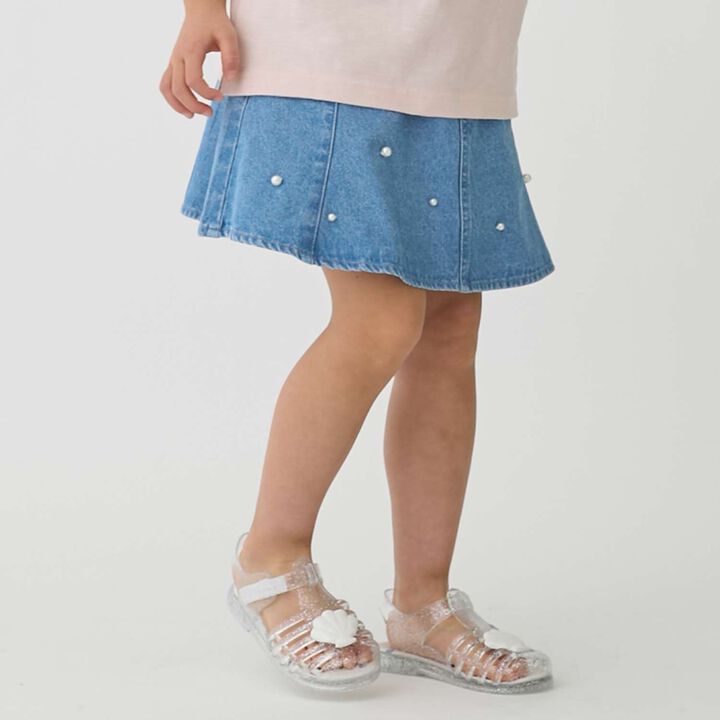 Pearl Denim Flare Skirt with Shorts,Blue, medium image number 1