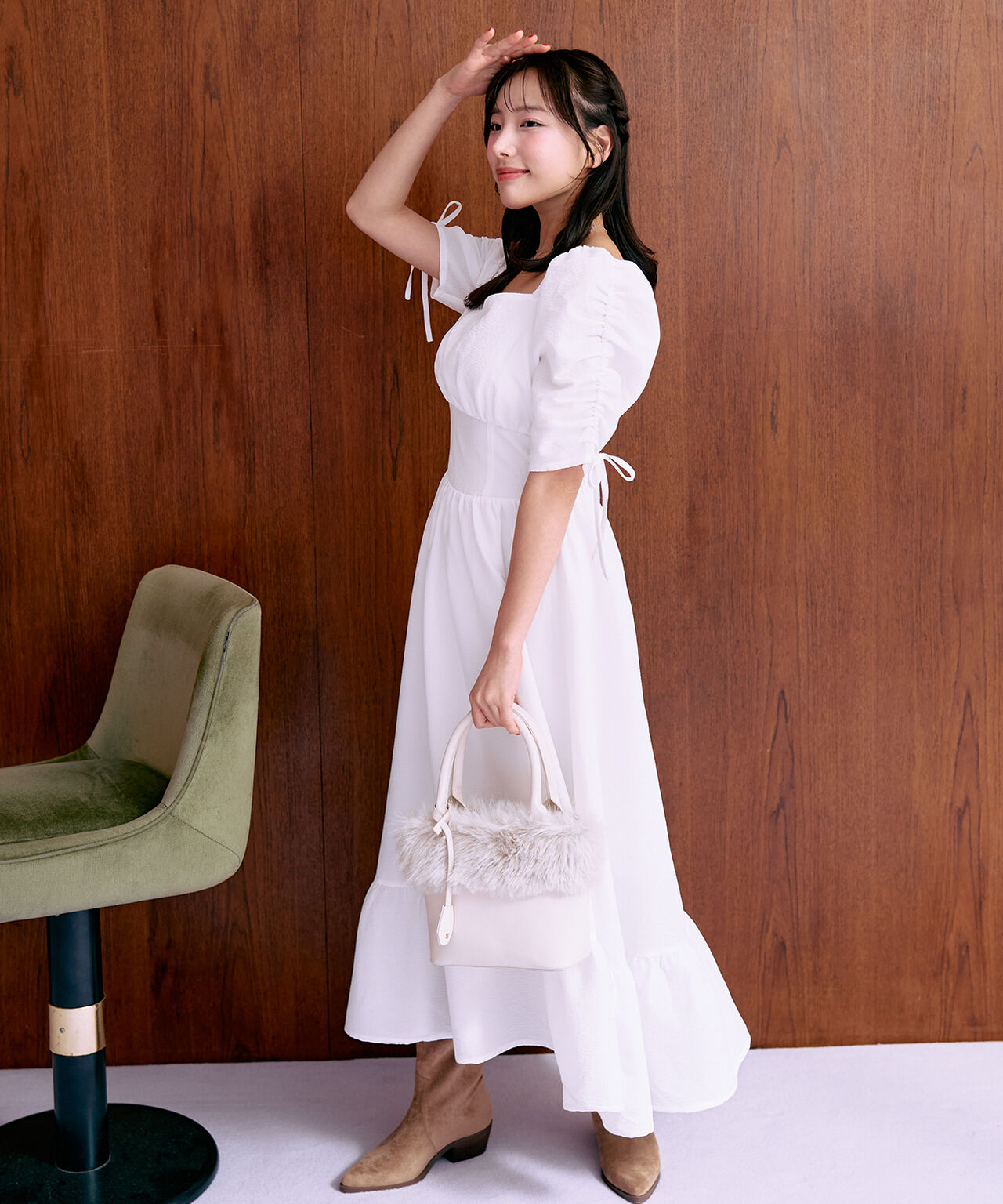 Shirred Sleeve One-Piece Dress [Korean Fashion],Off white, large image number 2