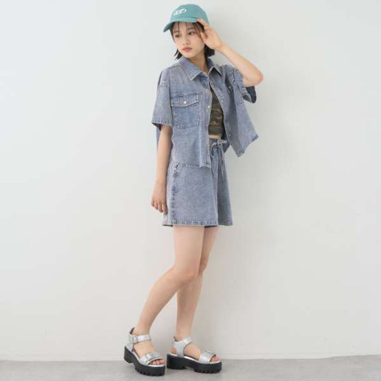 [100% Cotton] Denim Short-Sleeve Outfit Set,Blue, large image number 1