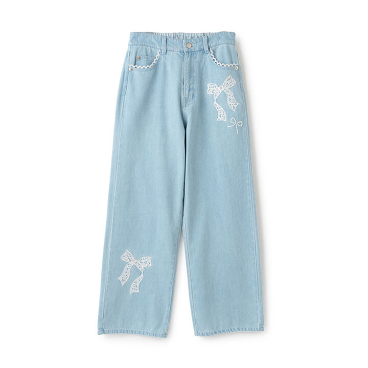 Lace Appliqué Slim Fit Loose Straight Denim Pants,Light blue, medium image number 19