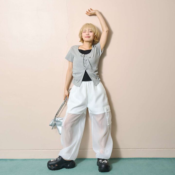 Lace-Up Ribbed Short-Sleeve T-Shirt,Top gray, medium image number 2