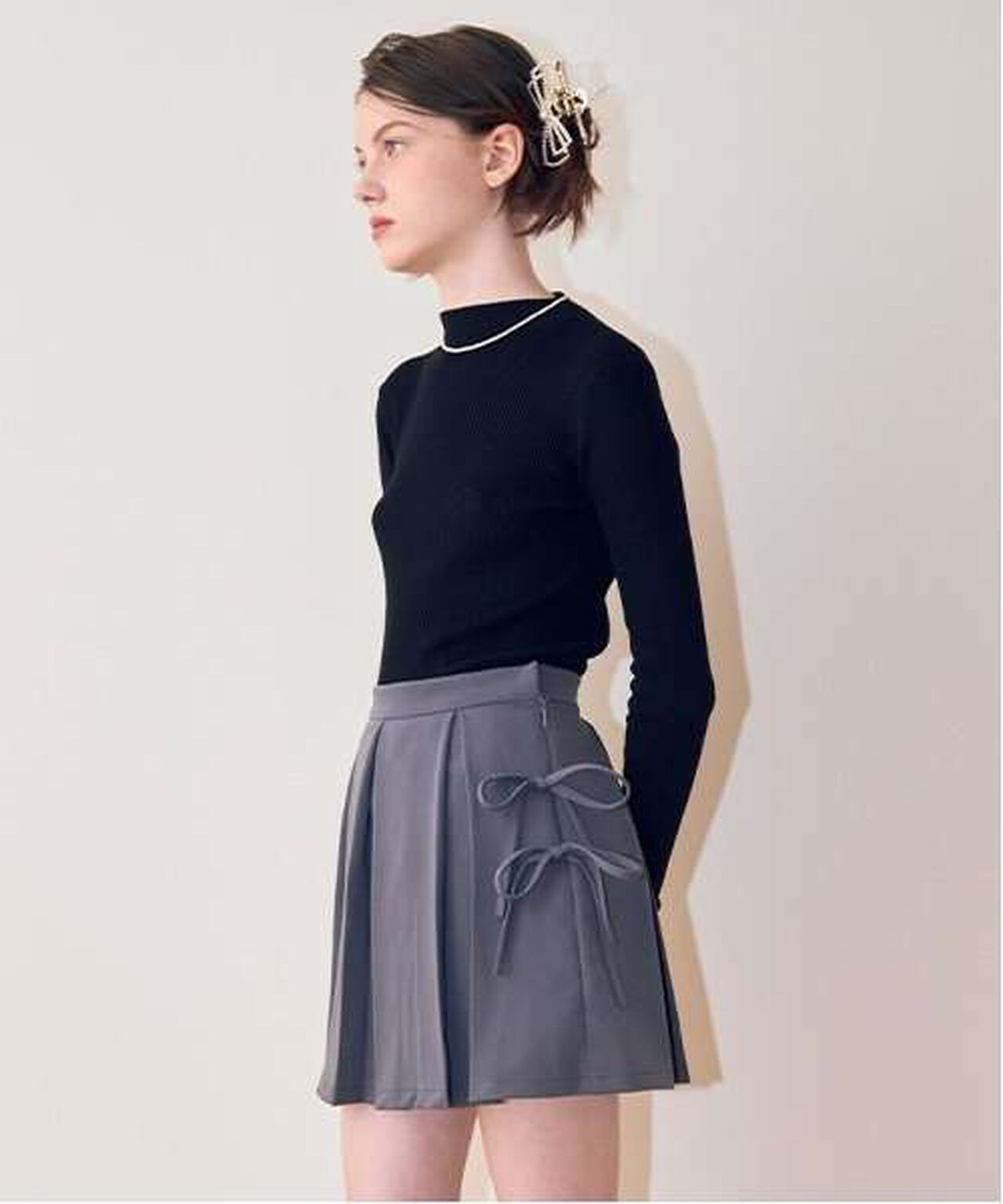 Ribbon Pleated Skirt,Gray, large image number 0