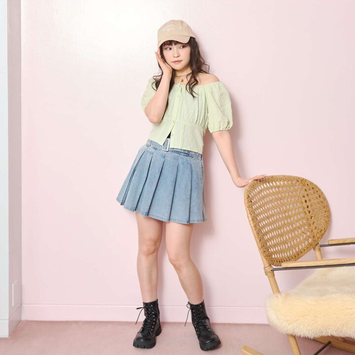 [LTXC] Denim Pleated Skirt with Belt,, medium